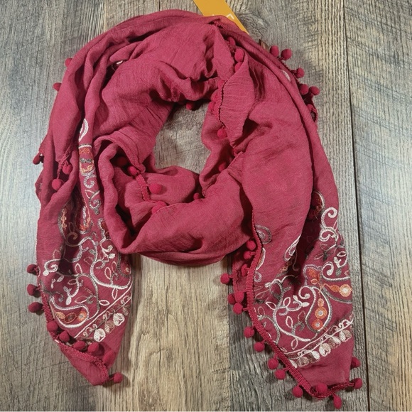 SPRING BOHO Scarf Womens 28” X 70” Red Floral Embroidered Tassled Pom Pom Wrap - Picture 1 of 5